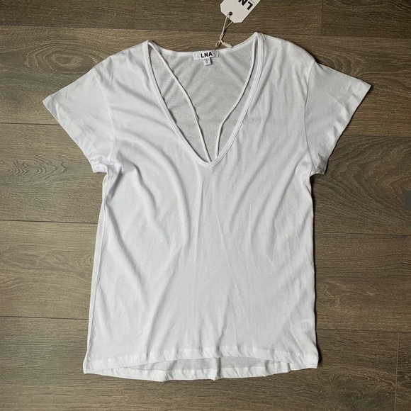 LNA Deep V Strappy Tee T-Shirt Short Sleeve Semi Sheer Relaxed fit White Size XS - Picture 2 of 11